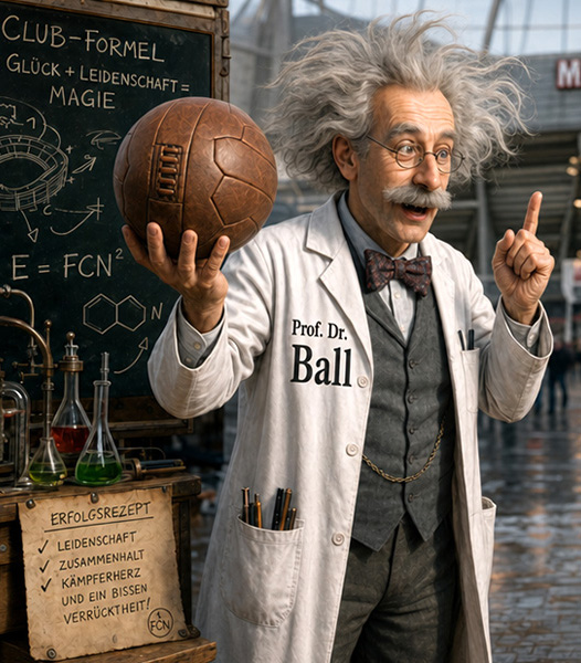 Prof. Dr. Ball hält den bedruckten Retro-Lederball in die Höhe.
