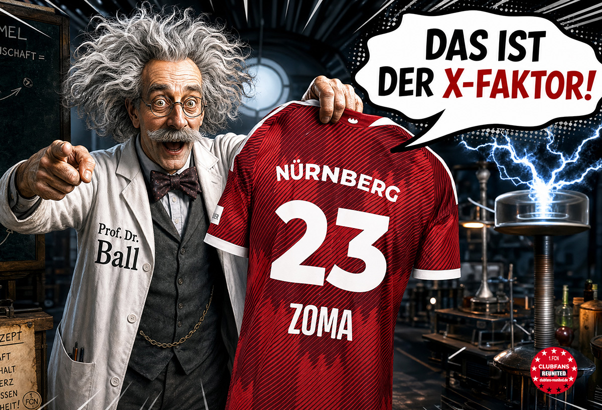Prof. Dr. Ball hält ein Nürnberg-Trikot mit der Nummer 23 und dem Namen Zoma hoch.